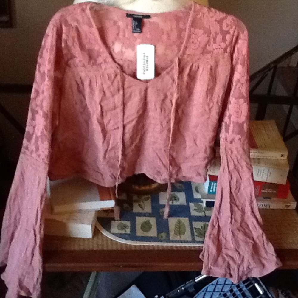 Forever 21 L Woven Crop Top with Longsleeves
